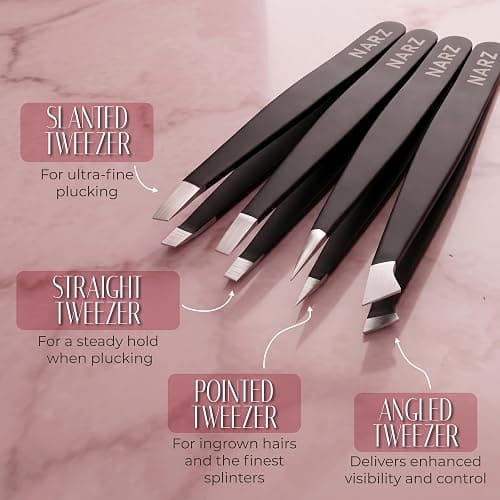 NARZ 4Pcs Professional Twezers for Women Facial Hair Stainless Steel Precision Tweezers for Ingrown Hair Eyebrow Tweezer for Men & Women (Black Set) thumbnail 5