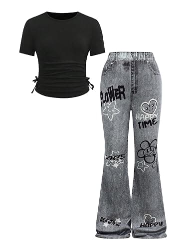 Verdusa Girl's 2 Piece Y2K Outfits Ruched T Shirt Tie Dye Flare Wide Leg Pants Legging with Pockets - Image 1