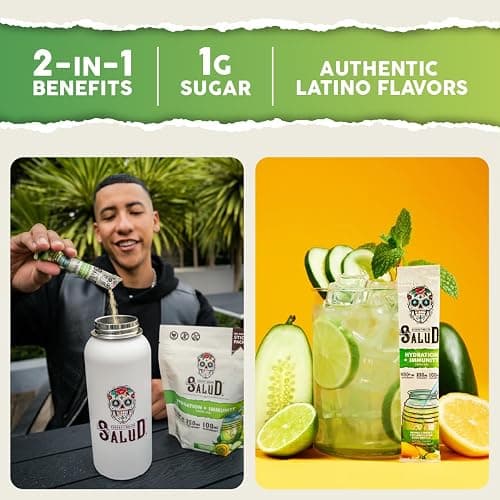 Salud 2-in-1 Hydration Packets + Immunity Electrolytes Powder, Cucumber Lime - Agua Fresca Drink Mix, Elderberry, Dairy & Soy Free, Non-GMO, Gluten Free, Vegan, Low Calorie, 1g Sugar (15 Servings) thumbnail 2