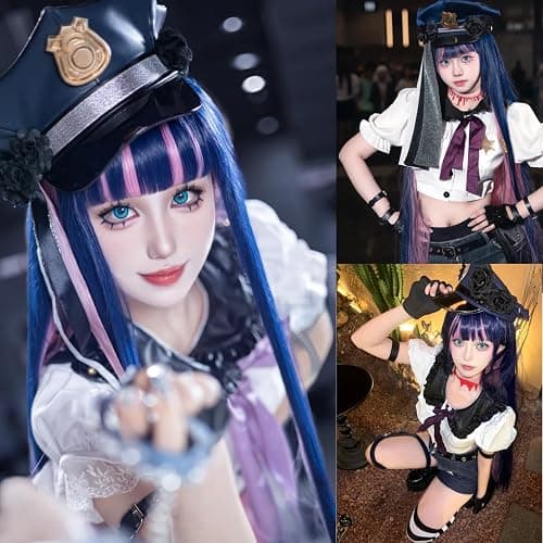 ANOGOL Hair Cap+ Blue Mix Pink Wig 105cm Long Straight Stocking Wigs for Girl with Bangs Costume for Women Synthetic Hair Wigs for Stocking Cosplay Halloween Wig Anime Party thumbnail 3