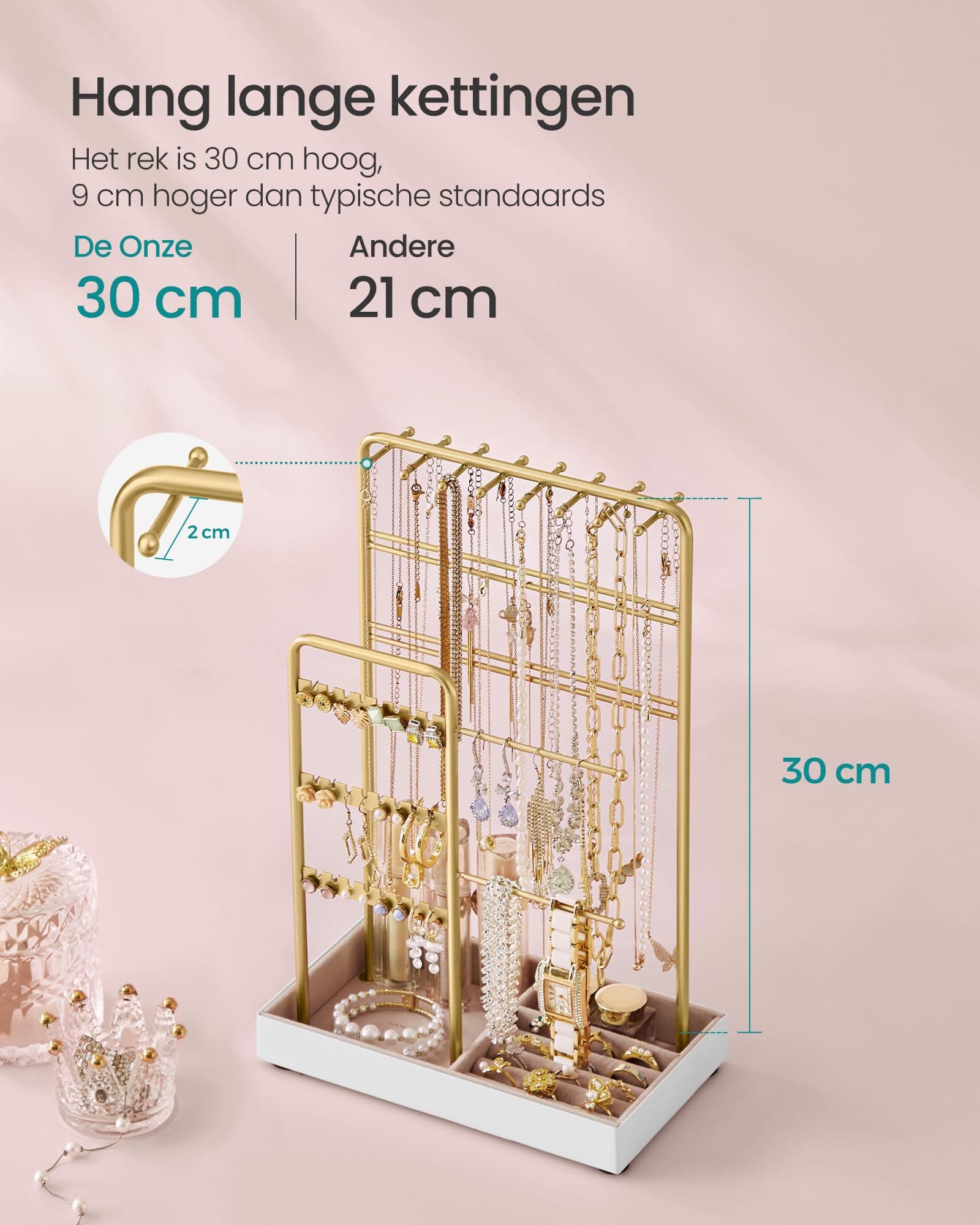 SONGMICS Sieradenstandaard, Sieradenhouder, Metalen frame, Fluwelen sieradenlade, Sieradenopslag voor kettingen, armbanden, oorbellen, oorbellen, ringen, cadeau-idee, Kerstmis thumbnail 7