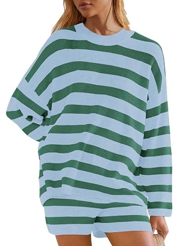 Panadila Womens Striped Sweater Set Oversized Lounge Sets Matching Pajamas Long Sleeve Sweater Top and Shorts thumbnail 2