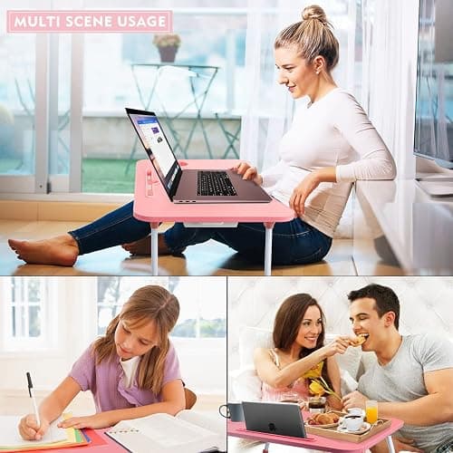 Laptop Bed Table, Foldable Laptop Desk Bed Tray with Storage Drawer, Lap Desk TV Tray for Breakfast Serving, Notebook Stand Reading Holder with Phone Slot and Cup Holder for Sofa Couch Floor-Pink thumbnail 5