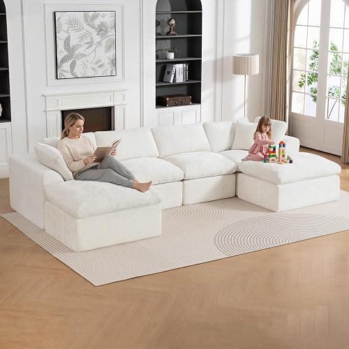 140" U-Shaped Cloud Couch, Soft Modular Sectional Sofa, Oversized 6 Seat Boneless Chenille Couch with Movable Ottoman, Pet-Friendly Upholstery Couches for Living Room, Beige | No Assembly Required thumbnail 7