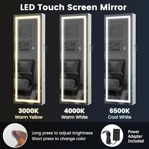 CHARMAID LED Mirror Jewelry Cabinet, Lockable Jewelry Armoire with Adjustable Lighted Full Length Mirror, 3 Lighting Sets, Wall Mounted Door Hanging Jewelry Storage Organizer (Grayish White, 42.5''H) thumbnail 5