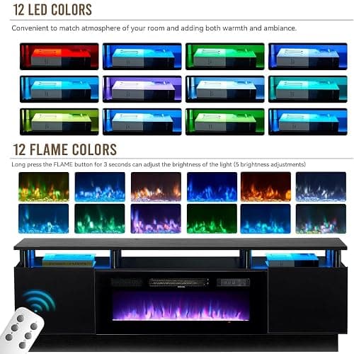 oneinmil 2 Tier TV Console Stand with 36" Electric Fireplace, LED Light Entertainment Center for TVs Up to 80" for The Living Room, 70", Black thumbnail 4