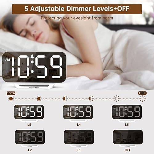 Peakeep Slim Digital Mirror Aesthetic Alarm Clock for Bedrooms Desk Decor, Plug in Electric Big LED Modern Small Clock for Office Living Room, Battery Backup, 6 Dimmers (White) thumbnail 4
