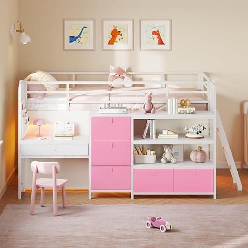 Low Loft Bed Twin Size with Desk, 6 Storage Drawers & Bookshelf, Kids Loft Bed with LED Lights & Under-Bed Play Space, Heavy Duty Metal Bed Frame with 13.8"H Safety Guardrail & Ladder, White and Pink thumbnail 9