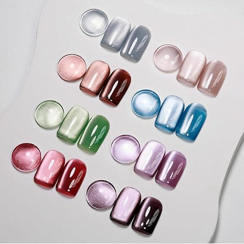 MIZHSE Cat Eye Gel Nail Polish, 8 Colors Moonlight Magnetic Gel Polish Set with Magnet Stick, Glassy Effect Crystal Holographic Silver Brown Green Purple Fall Colors Soak Off Nail Art Gift for Women - Image 1