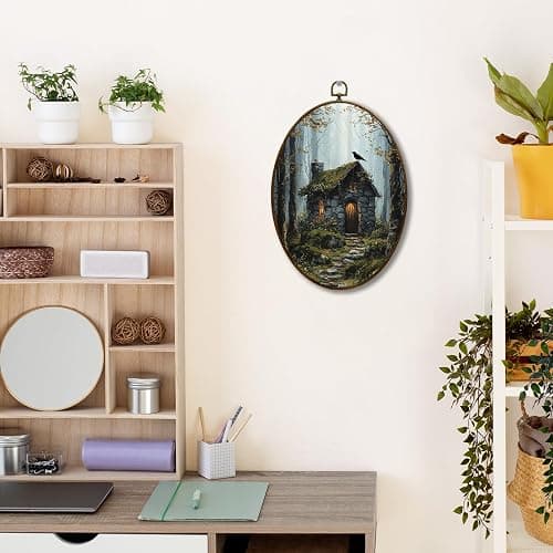 JQF Dark Academia Forest Cabin Crow Oval Wall Decor, Dark Cottagecore Oval Canvas Wall Art, Whimsical Fantasy Forest Nature Framed Prints Hanging Decor for Home Bedroom Living Room, 8.5x11.5 Inch thumbnail 2