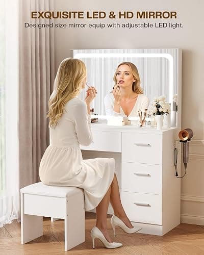 LIVELYGLOW Makeup Vanity Desk with Charging Station & LED Mirror – 35.4" Vanity Set with 4 Drawers, 3 Lighting Modes – Modern Bedroom Furniture (15.7" D x 35.4" W x 53.9" H), White thumbnail 9