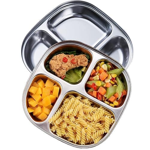 AIYoo Set of 2 Stainless Steel Dinner Plates 4 Sections Divided Platter Dinner Tray - Lightweight Metal Plate for Adults and Campers, Portion Control Bariatric Weight Loss and Diabetic Diet Plates - Image 1
