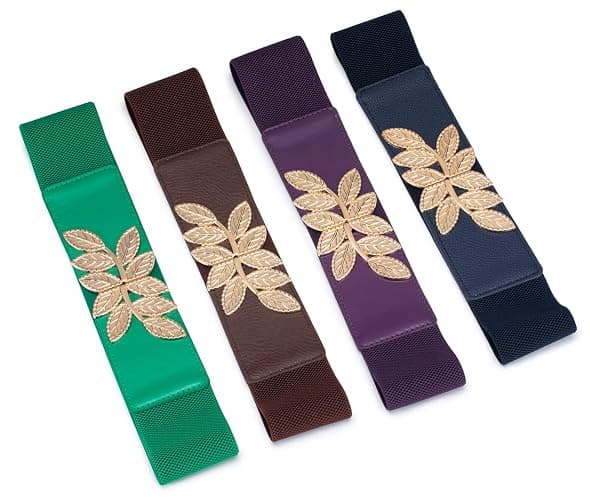 ALAIX Women's Stretchy Belt for Dress Vintage Wide Gold/silver Leaf Buckle Waist Belts for women Elastic Waistband thumbnail 7