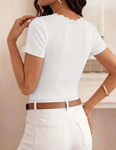 ZESICA Womens Summer 2026 Short Sleeve Trendy Lace V Neck Tops Fitted Cute Shirts Dressy Casual Blouses Y2k Going Out Outfits thumbnail 6