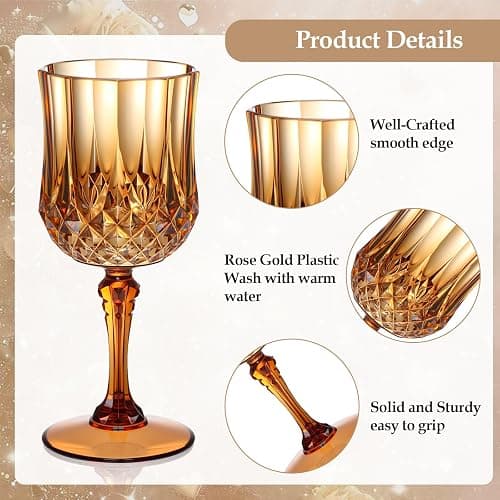 XUWAIDSGN 24Pcs Plastic Vintage Wine Glasses 7oz Reusable Embossed Goblet Glasses Pink Retro Wine Glassware Unbreakable Stemmed Champagne Water Cups for Wine Cocktail Juice Wedding (24, Brown) thumbnail 4