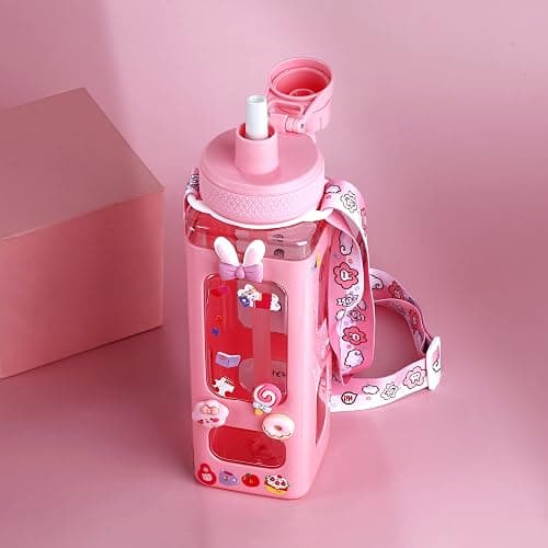 NEWSTYP Kawaii Bear Pastel Water Bottle With 3D Sticker 700ml Plastic Travel Tea Juice Milk Portable Cute Shaker Drink Bottle Gift (Pink) thumbnail 9