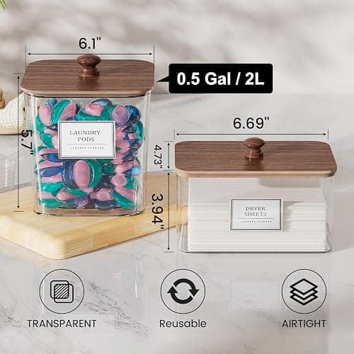 Laundry Pods Storage Container, Clear Laundry Room Organization and Storage,Detergent Powder Container,with Wooden Lids & Labels, 3+1 Pack（Dark Brown） thumbnail 3
