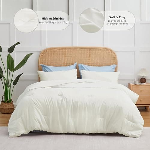 CozyLux Queen Comforter Set Ivory, 3 Pieces Solid Breathable Quilted Style Bedding Sets for Girls, Luxury Soft Microfiber Down Alternative Comforter Bet Set All Season (1 Comforter & 2 Pillowcases) thumbnail 2