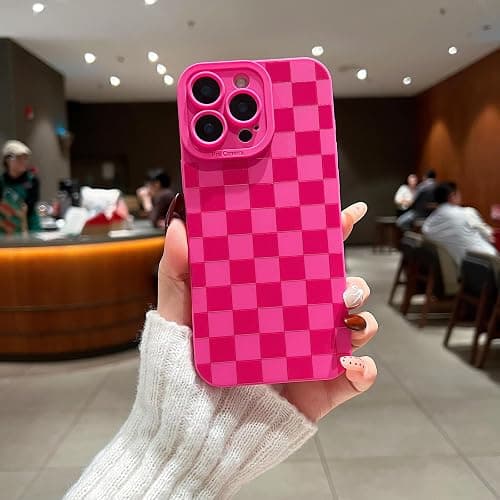 YUMUPIFE Compatible with iPhone 15 Pro Case Cute Checkered Pattern Design for Girls Women, Soft Silicone Shockproof Protective Designed for iPhone 15 Pro Case-Hot Pink thumbnail 2