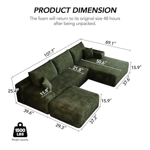 inoevl 107.7" Boneless Sectional Couch Modern Modular U - Shape Corduroy Upholstered Sofa for Living Room - Deep Seat with Chaise and Ottoman(Green, 2 Seater+Right Facing Chaise+Ottoman) thumbnail 2