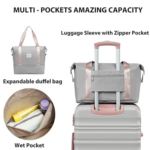 LONG VACATION 6 Piece Luggage Set Carry on Suitcase with ABS+PC hardshell, Spinner Wheels & YKK Zipper TSA Lock (GREY-PINK, 6 piece set) thumbnail 5