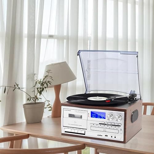 MUSITREND Record Player 9 in 1 3 Speed Bluetooth Vintage Turntable CD Cassette Vinyl Player AM/FM Radio USB/SD Playback Aux-in RCA Line-Out (Silver) thumbnail 7