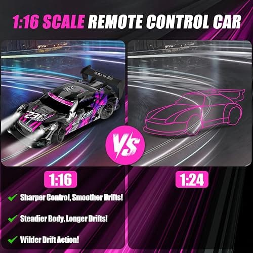 PANKQQ RC Drift Car, 1:16 Scale Drifting RC Cars, 2.4GHz 4WD RC Race Car, 40km/h High-Speed Remote Control Drift Car Vehicle, Racing Sport Toy Ideal Gift for Boys Girls Kids-2 USB Batteries (Purple) thumbnail 5
