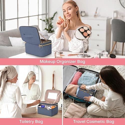 HXLGMD Large Makeup Bag with Mirror Double Layer Travel Make Up Organizer Case, Large Capacity Coemetic with Brush Slot Divider, Travel Toiletry Bag for Women (Aegean Blue) thumbnail 5