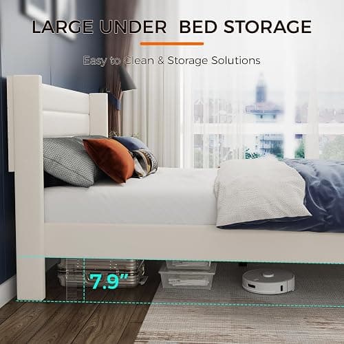 Casaottima Queen Bed Frame Upholstered Platform Bed with Wingback Headboard, Wooden Slats Support, Noise-Free Mattress Foundation, No Box Spring Needed, Easy Assembly, Horizontal Stripe Cream White thumbnail 5