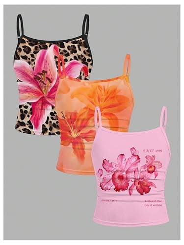 RoseSeek Girl's 3 Packs Cheetah Leopard Floral Tank Top Spaghetti Strap Fitted Summer Cute Camisole Tops thumbnail 4