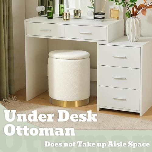 Joveco Boucle Round Ottoman with Storage,Vanity Stool with Storage for Bedroom, Ottoman Coffee Table,Small Boucle Foot Stool for Living Room, White with Gold Plating Base thumbnail 8