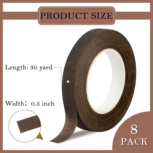 COIDEA 8 Rolls Floral Tape, 1/2" Wide Flower Tape, Brown Floral Tape | Adhesive Florist Tape for Floral Crafts, Fresh Flower, Bouquet Floral Arranging Stem Wrapping, Wedding, 30Yard thumbnail 2