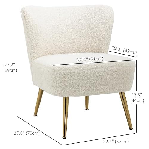 HOMCOM Armless Accent Chair for Bedroom, Upholstered Side Chairs for Living Room with Gold Steel Legs, Slipper Chair, White - White thumbnail 3
