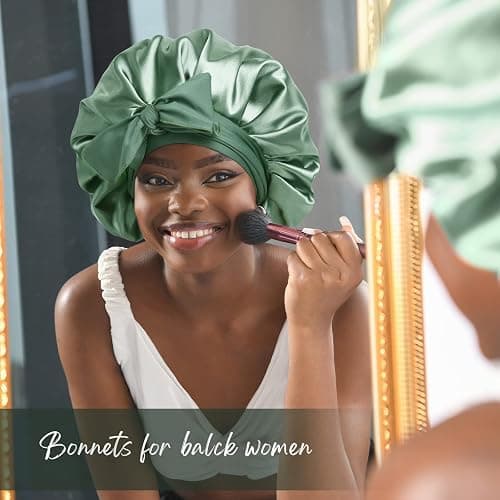 YANIBEST Silk Bonnet for Sleeping Women Satin Bonnet Double Layer Satin Lined Hair Bonnet with Tie Band Curly Hair - Large - Sage thumbnail 3