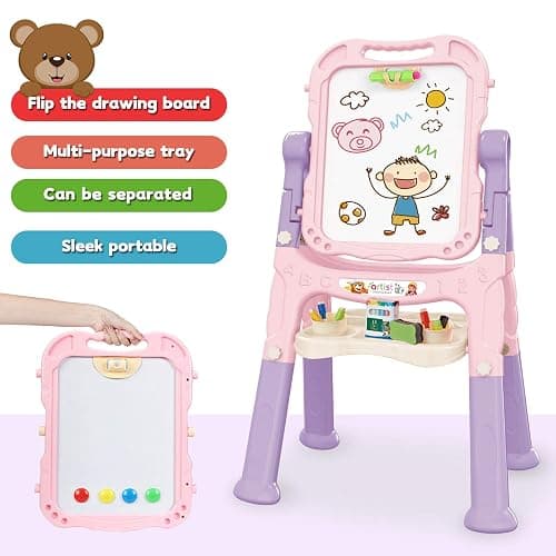 Mojitodon Art Easel for Kids, Adjustable Standing Rotatable Double Sided Easel with Painting Accessories for Toddlers Boys and Girls-Pink thumbnail 5