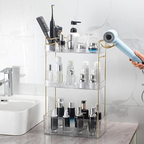 Akinbas 3 Tier Bathroom Organizer Countertop Makeup Perfume Tray Skincare Organizer Comes with Hair Dryer Rack and Toothbrush Holder for Bathroom Dresser Vanity (White) thumbnail 2