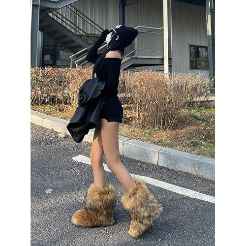 Eosxrp Furry Faux Fur Boots Women's Winter Shoes Woman Fluffy Warm Snow Boots Mid-Calf Comfortable Outdoor Flat thumbnail 5