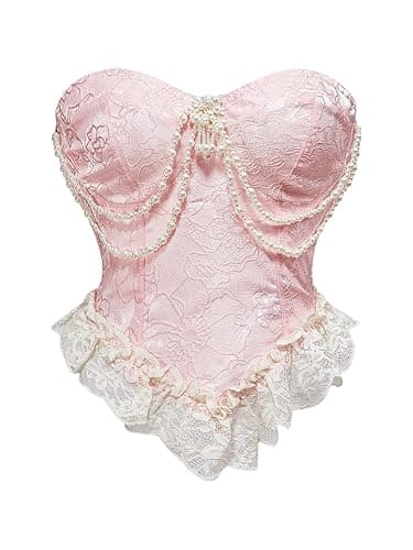 SHENHE Women's Strapless Corset Bustier Pearl Smocked Lace Trim Going Out Crop Top Tube Corset - Image 1