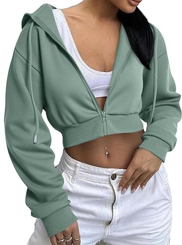 Remidoo Women's Zip Up Cropped Hoodie Crop Top Sweatshirt Drawstring Long Sleeve Jacket thumbnail 6