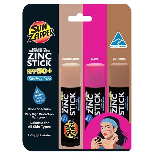 Sun Zapper Zinc Oxide Sunscreen Stick – SPF 50+ Tinted 3-Pack (Light, Dark, Pink) – Sunscreen Stick, SPF Makeup, Sunscreen Makeup, SPF Blush, Sunscreen Blush – Water Resistant, Made in Australia - Image 1