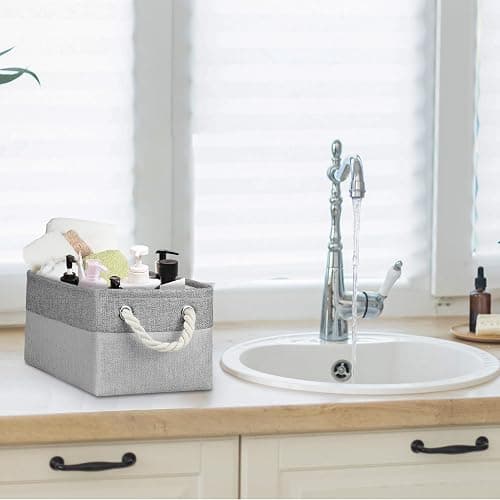 Small Storage Boxes for Shelves, Foldable Small Toy Storage Box with Handles, Canvas Storage Baskets for Socks Towels DVDs Books Makeup and Bathroom Toiletries(31x21x16cm/1 Pack, Grey&Light Grey) thumbnail 2