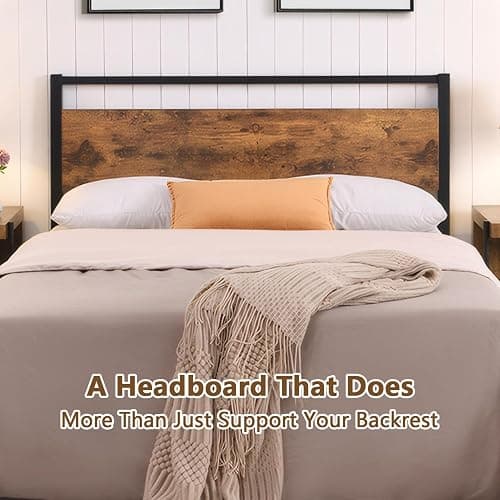 anwickjeff Wood Headboard Queen Size Bed, Easy Assembly Headboard with Rustic Solid Wood Board,Only with Metal Slats Sturdy, Farmhouse Headboards for Adjustable Bed, Rustic Brown (Queen) thumbnail 4