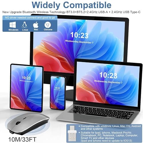 Kovess Mouse for Laptop Wireless Bluetooth - MacBook Air Mac Pro PC iPad Optical Rechargeable Silent Mouse with Jiggler Dual Mode Switch Bluetooth 5.2/3.0 and 2.4GHz USB-A and Type-C Receiver Silvery thumbnail 2