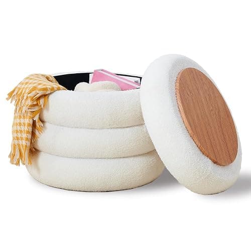 Wimarsbon Round Storage Ottoman, Modern Sherpa Footstool, Teddy Vanity Stool with Flip-Top Tray, Makeup Chair for Home Decor, Upholstered Footrest for Living Room & Bedroom (White) thumbnail 9