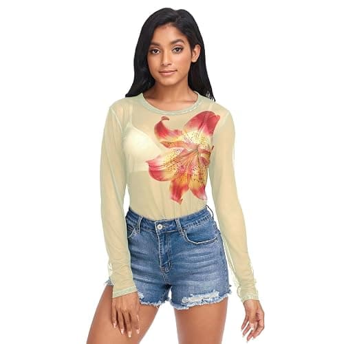 CTYSHTDL Women Mesh Tops Sexy- Sheer Long Sleeve Shirts Crew Neck Going Out Tops thumbnail 4