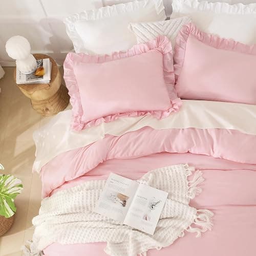 Andency Pink Comforter Set Full, 3 Pieces Lightweight Soft Rustic Pink Ruffle Comforter Women Girls, Solid Farmhouse Shabby Chic Microfiber Bedding Comforter Set thumbnail 3