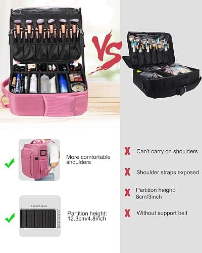 Relavel Makeup Backpack, Professional Travel Train Case Makeup Artist Kit Set Bag for Women Extra Large Cosmetic Organizer, Brush Storage Holder, with Adjustable High Dividers, Rose Pink thumbnail 7