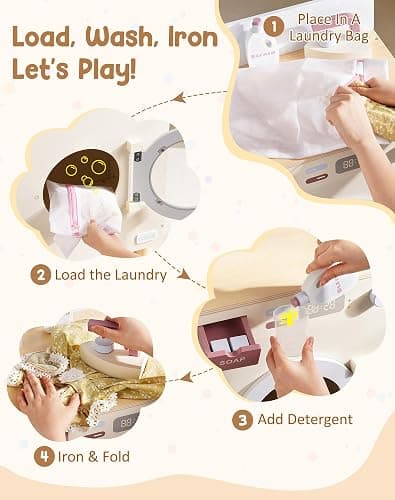 ROBUD Wooden Toy Washing Machine Play Kitchen Set, Seasalt Blue Multi-Functionl Play Washing Machine with Toy Accessories for Nursery, Playroom, Birthday Gift to Kids Age 3+, WCF69 thumbnail 4