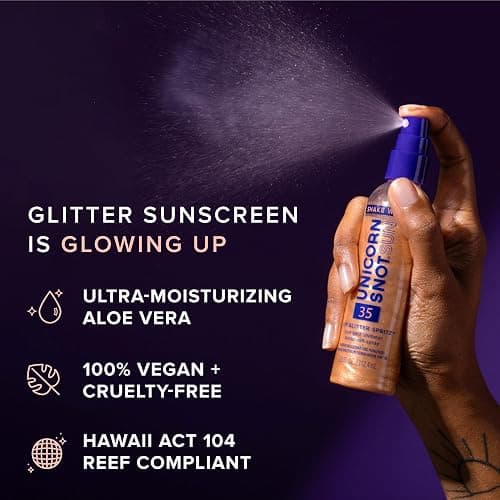 Unicorn Snot Glitter Sunscreen Spritz - SPF 35 Shimmering, Lightweight Spray Sunscreen for Face & Body Glow - UVA/UVB Protection - Water Resistant, Unscented - Made in USA -Rose Gold Shimmer thumbnail 2