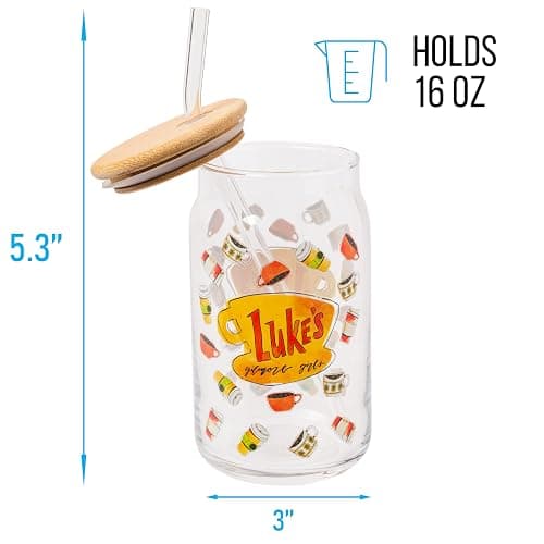 Silver Buffalo Gilmore Girls Luke's Diner Logo Glass Jar Tumbler with Bamboo Lid and Glass Straw, 16 Ounces thumbnail 3